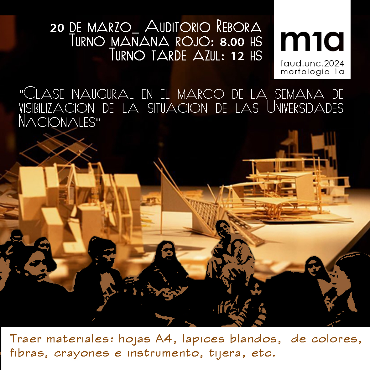 Imagen de trabajos de estudiantes y de estudiantes. Solicitud de materiales y día de inicio.